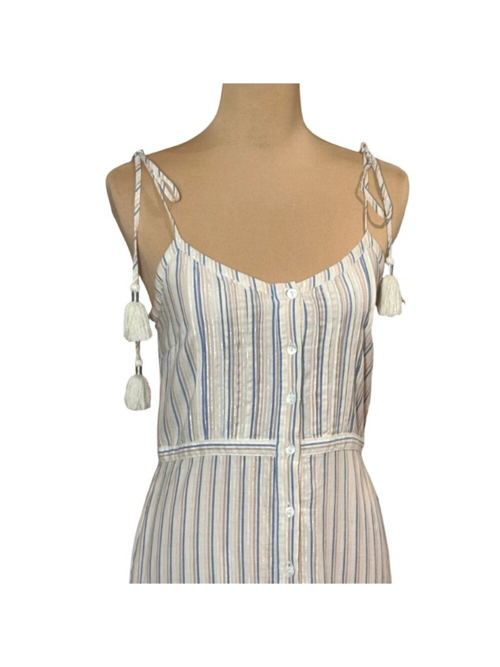 Veronica Beard Striped Cotton Lurex Tiered Maxi Dress Button Front XS Tassels - Picture 3 of 16
